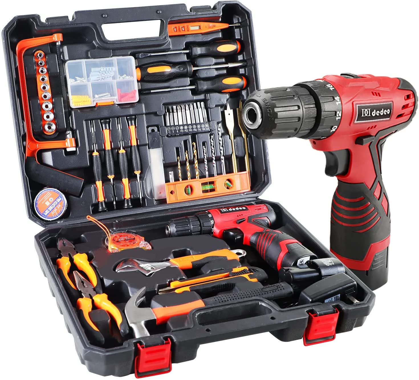 Dedeo Tool Set with Drill, 108Pcs Cordless Drill Household Power Tools Set with 16.8V Lithium Driver Claw Hammer Wrenches Pliers DIY Accessories Tool Kit - Image 2