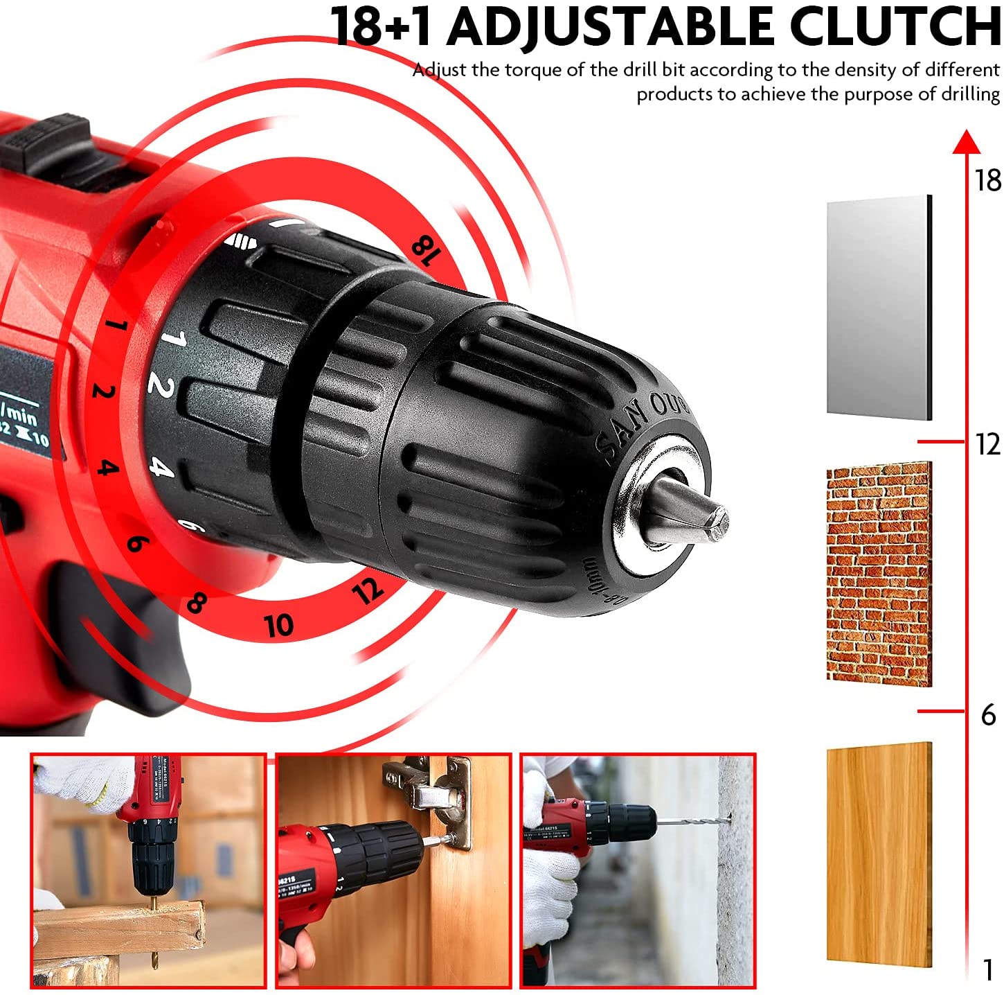 Dedeo Tool Set with Drill, 108Pcs Cordless Drill Household Power Tools Set with 16.8V Lithium Driver Claw Hammer Wrenches Pliers DIY Accessories Tool Kit - Image 4