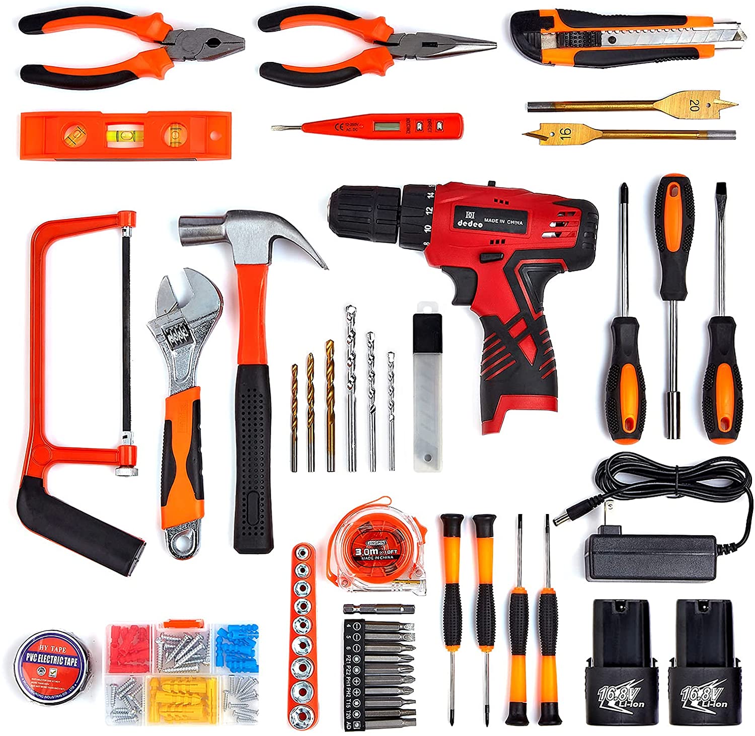 Dedeo Tool Set with Drill, 108Pcs Cordless Drill Household Power Tools Set with 16.8V Lithium Driver Claw Hammer Wrenches Pliers DIY Accessories Tool Kit - Image 3